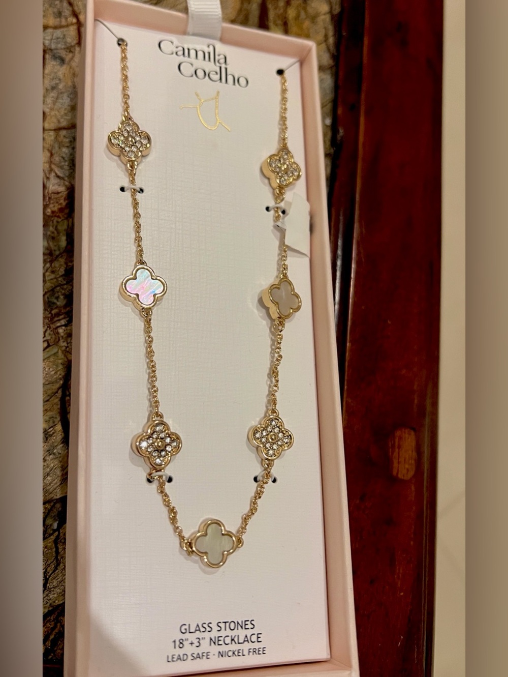 Camila Coelho 18” + 3” Clover crystals mother of pearl necklace in gold